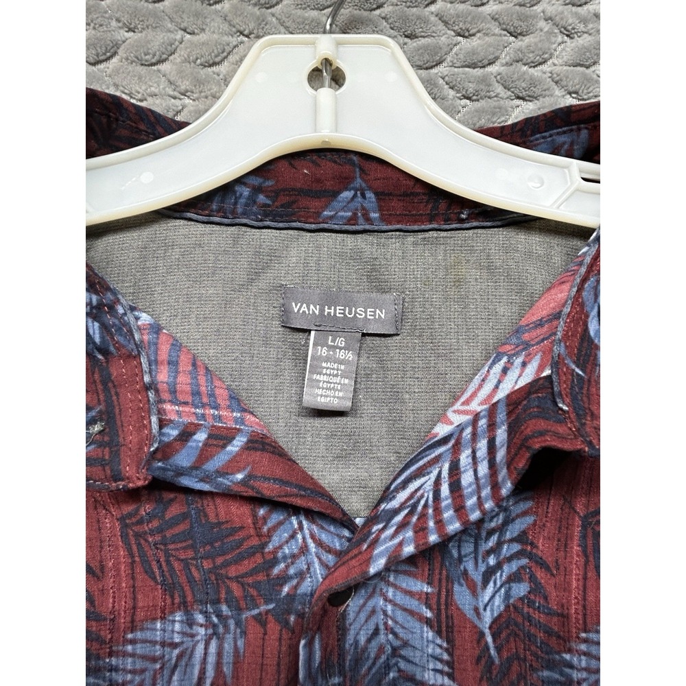 Van Heusen Men's Large Hawaiian Camp Shirt Red Blue Palm Leaf Button Front - Picture 3 of 6